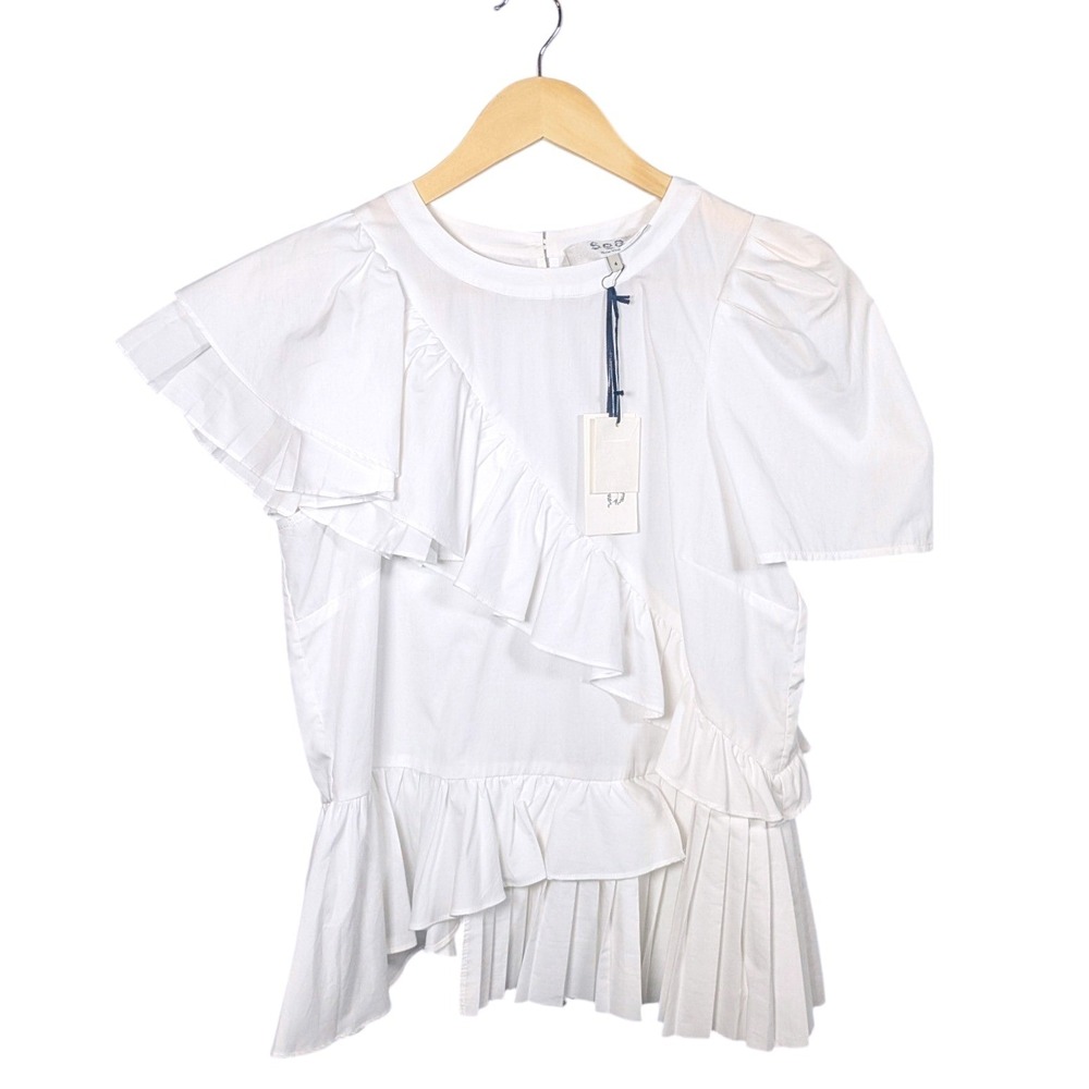 Sea New York White Ruffle Asymmetrical Pleated Combo Tee Cotton Poplin Top NWT 4